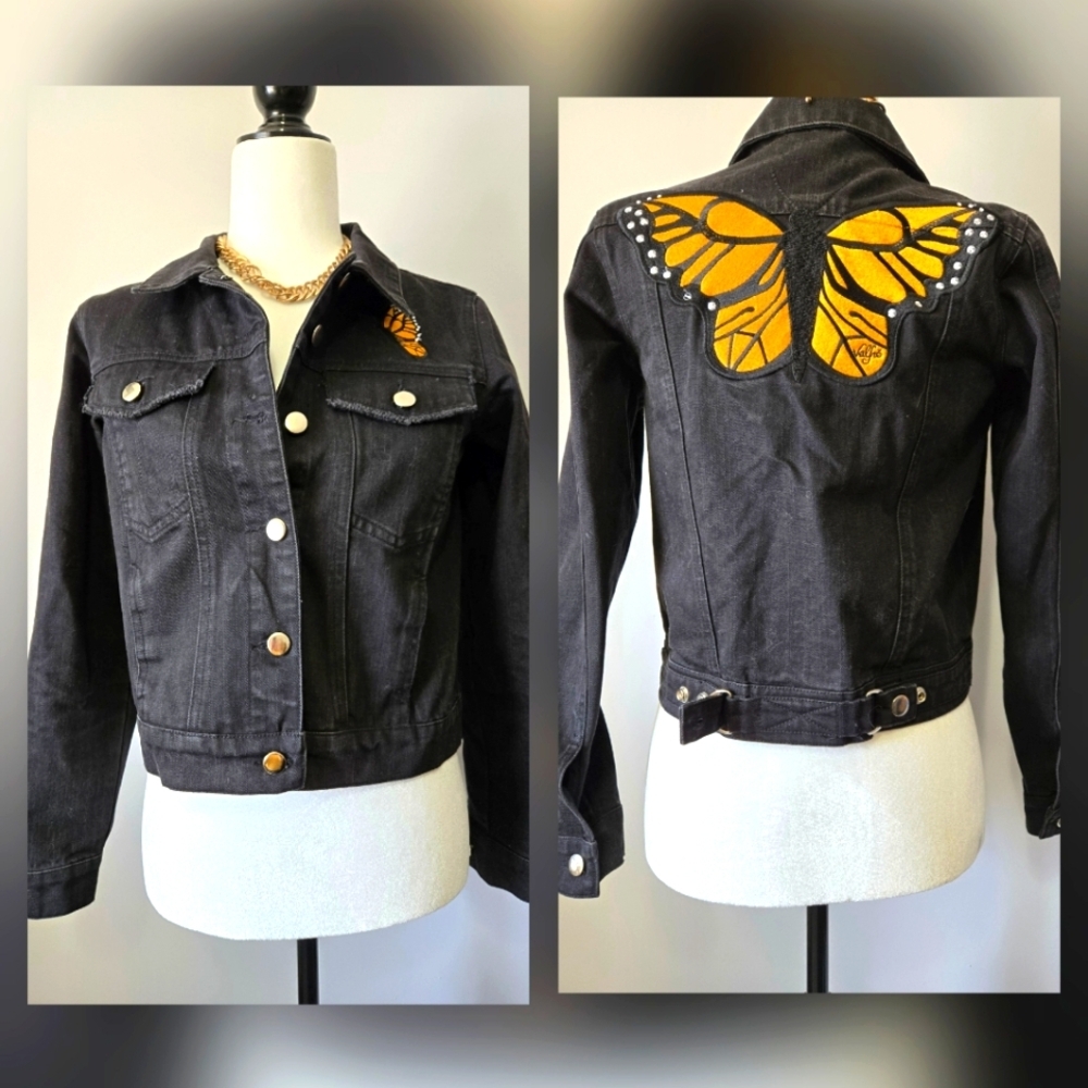 VALFRE Black Denim Jacket with Butterfly Back. Size Small